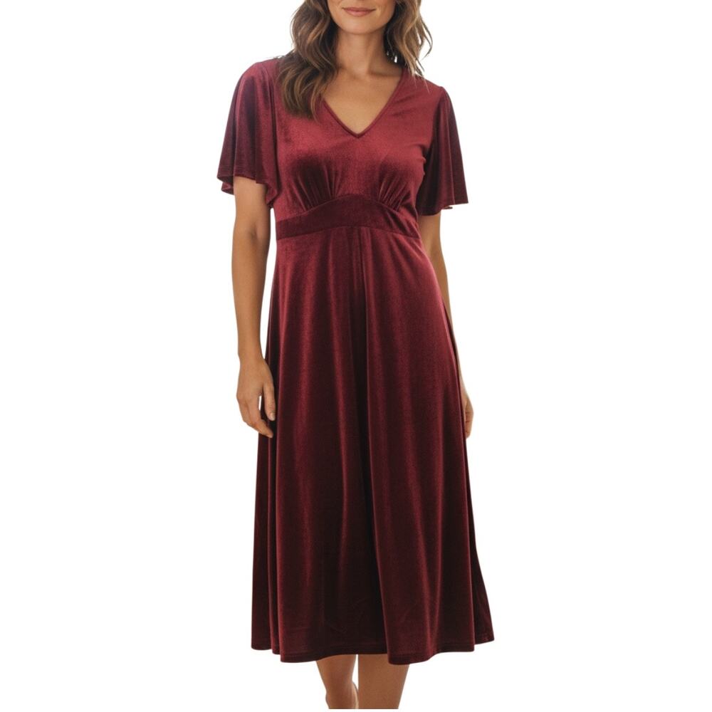 Old Navy Velvet Dress Midi Length Short Flutter Sleeve Red Table Wine Size Small